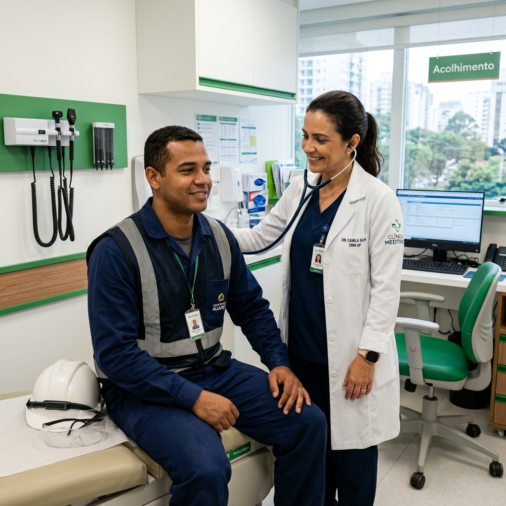 Médica realizando exame ocupacional em trabalhador na GV Clínicas